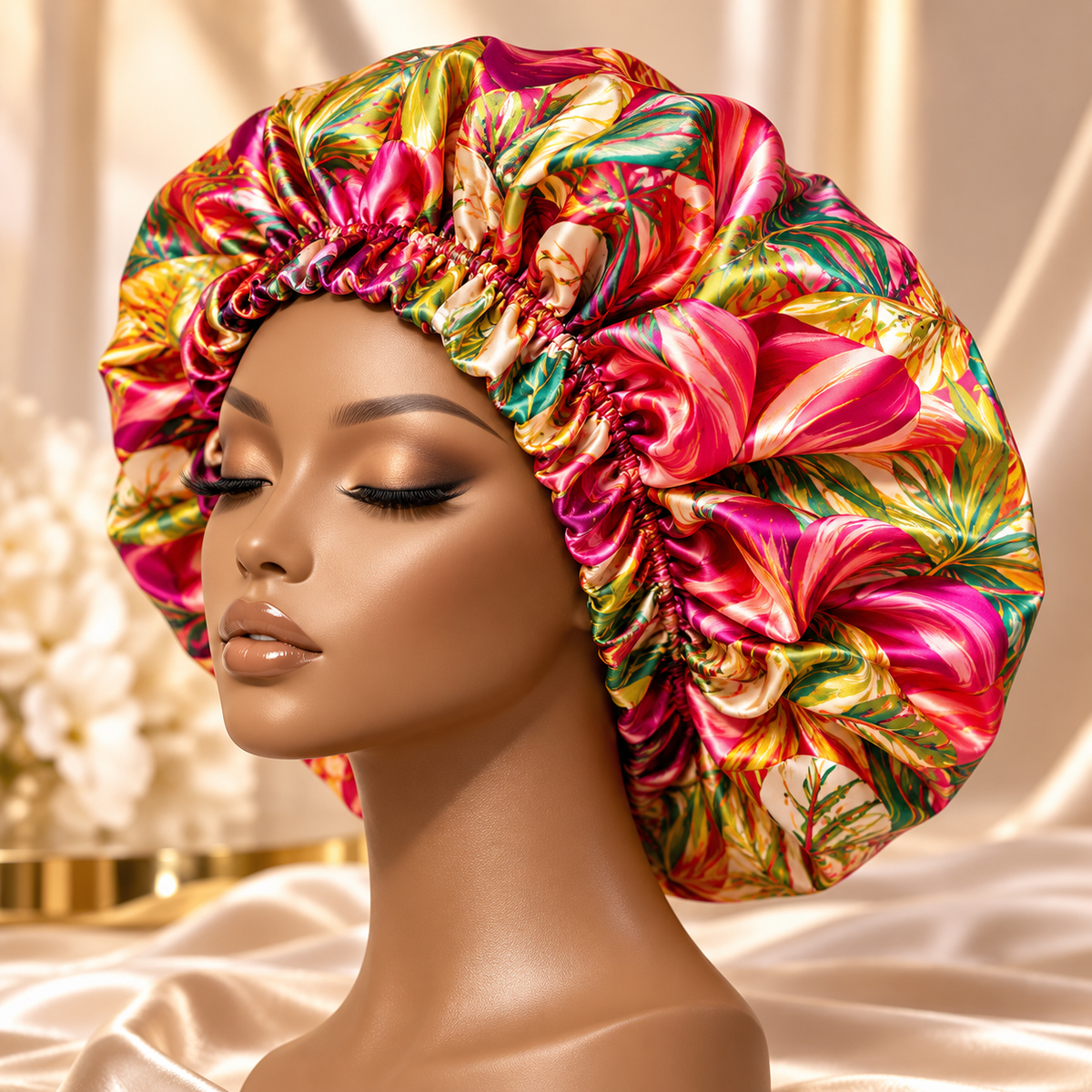 AI-generated illustrative model in patterned bonnet; not actual supplier variant