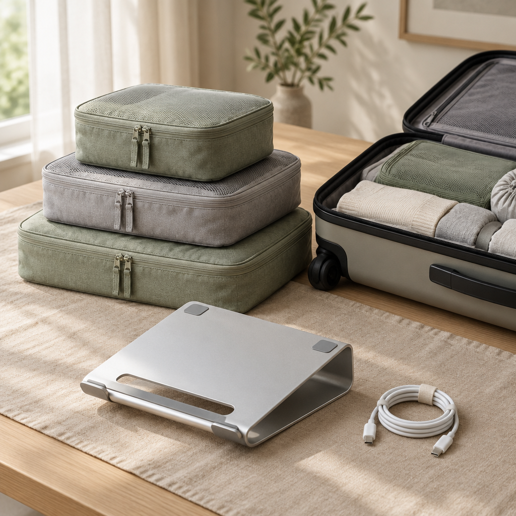 Packing cubes, suitcase and laptop stand on a light wood table