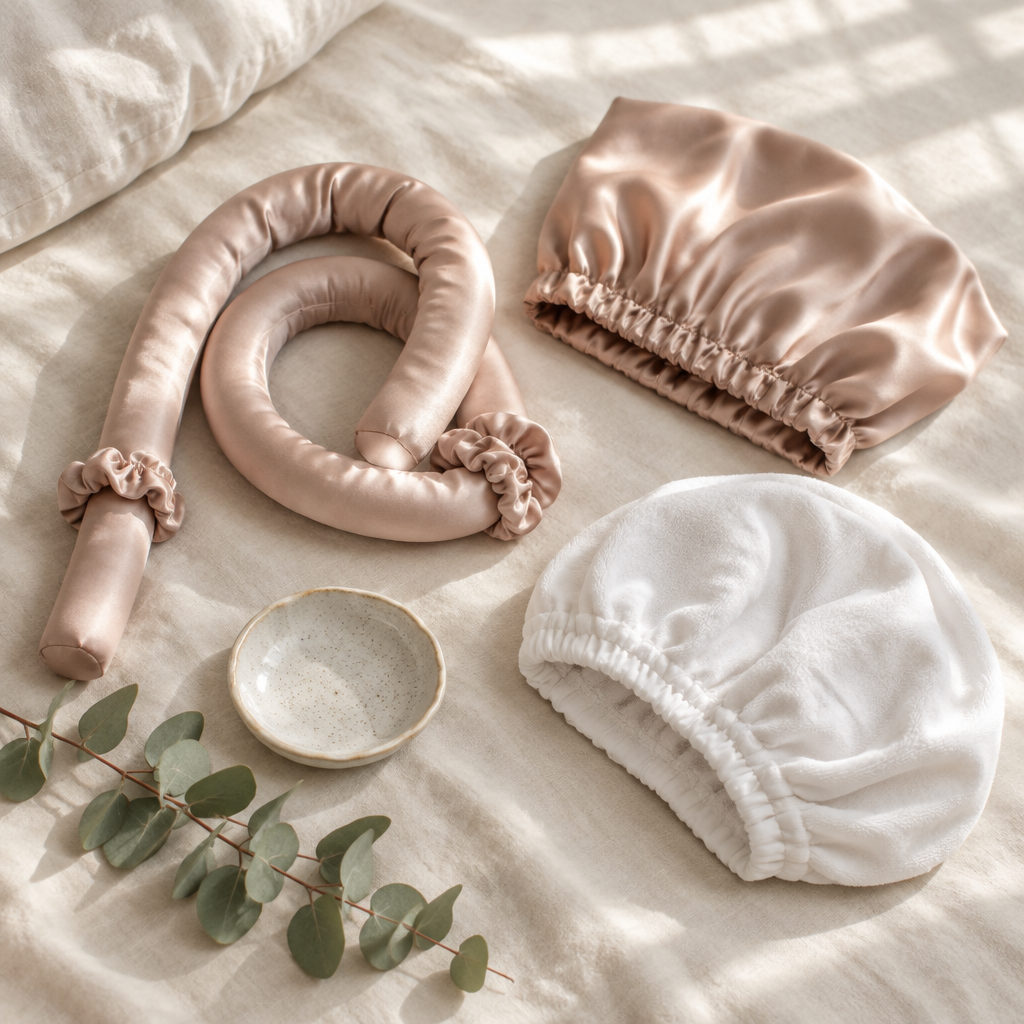 Heatless curling ribbon and satin sleep bonnet on cream linen