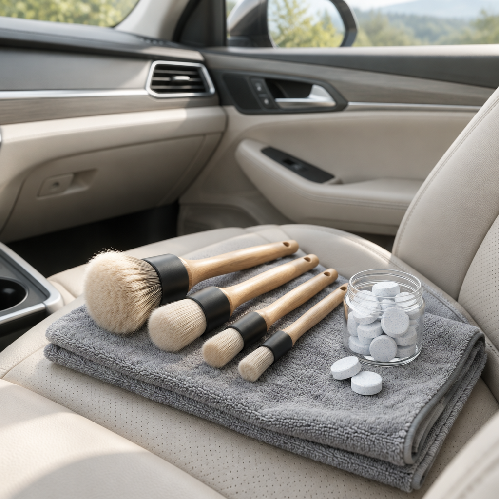 Car detailing brushes on a microfiber towel inside a clean car
