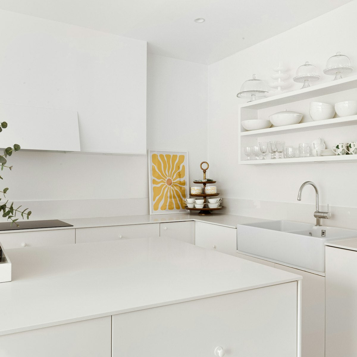 Bright white kitchen counter with a sink and a green plant