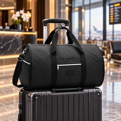 2-in-1 travel garment duffel bag - black - airport lounge luggage view
