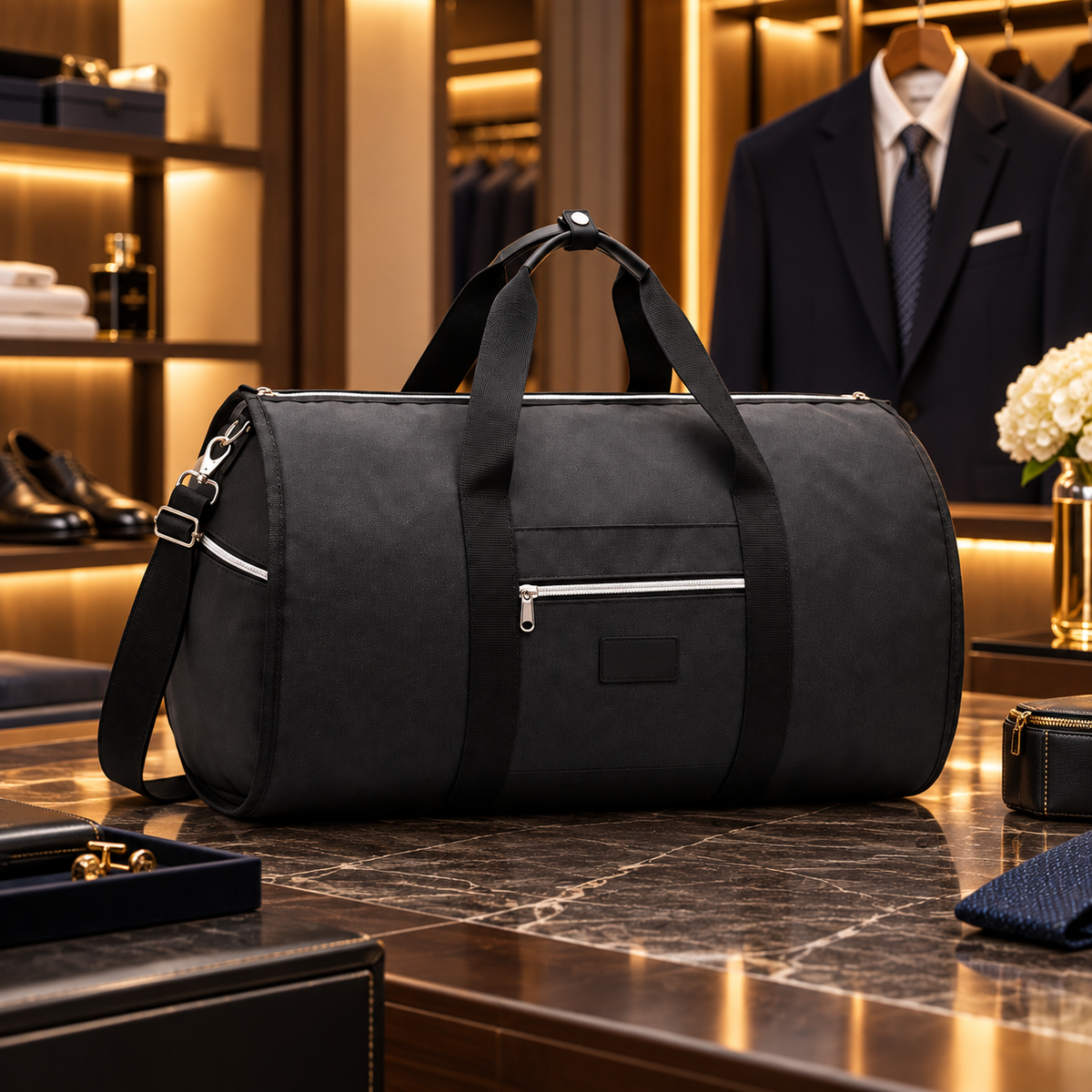 2-in-1 travel garment duffel bag - black - business wardrobe setting