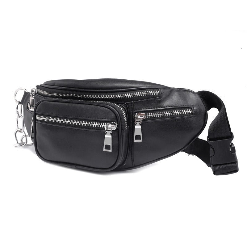 Black waist and crossbody bag with silver-tone chain detail and multiple zippered front pockets