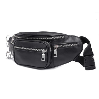 Black waist and crossbody bag with silver-tone chain detail and multiple zippered front pockets