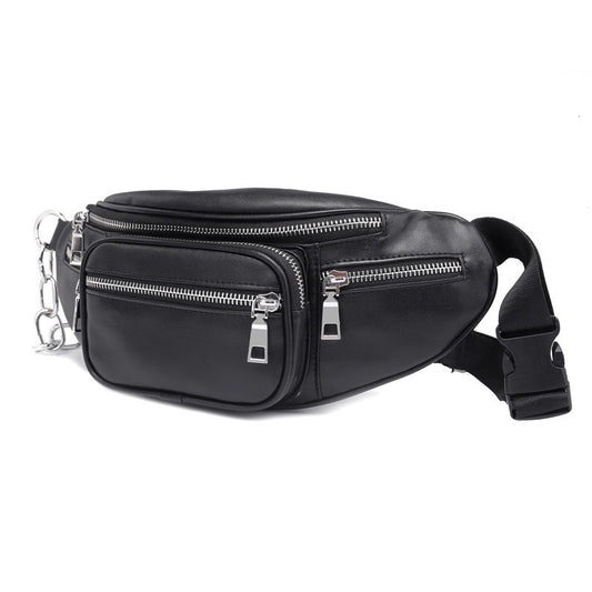 Black waist and crossbody bag with silver-tone chain detail and multiple zippered front pockets