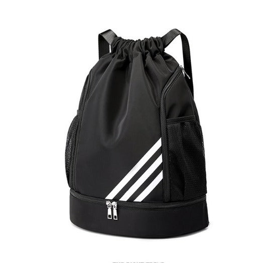 Yellow drawstring travel backpack with zipper compartment and mesh pocket