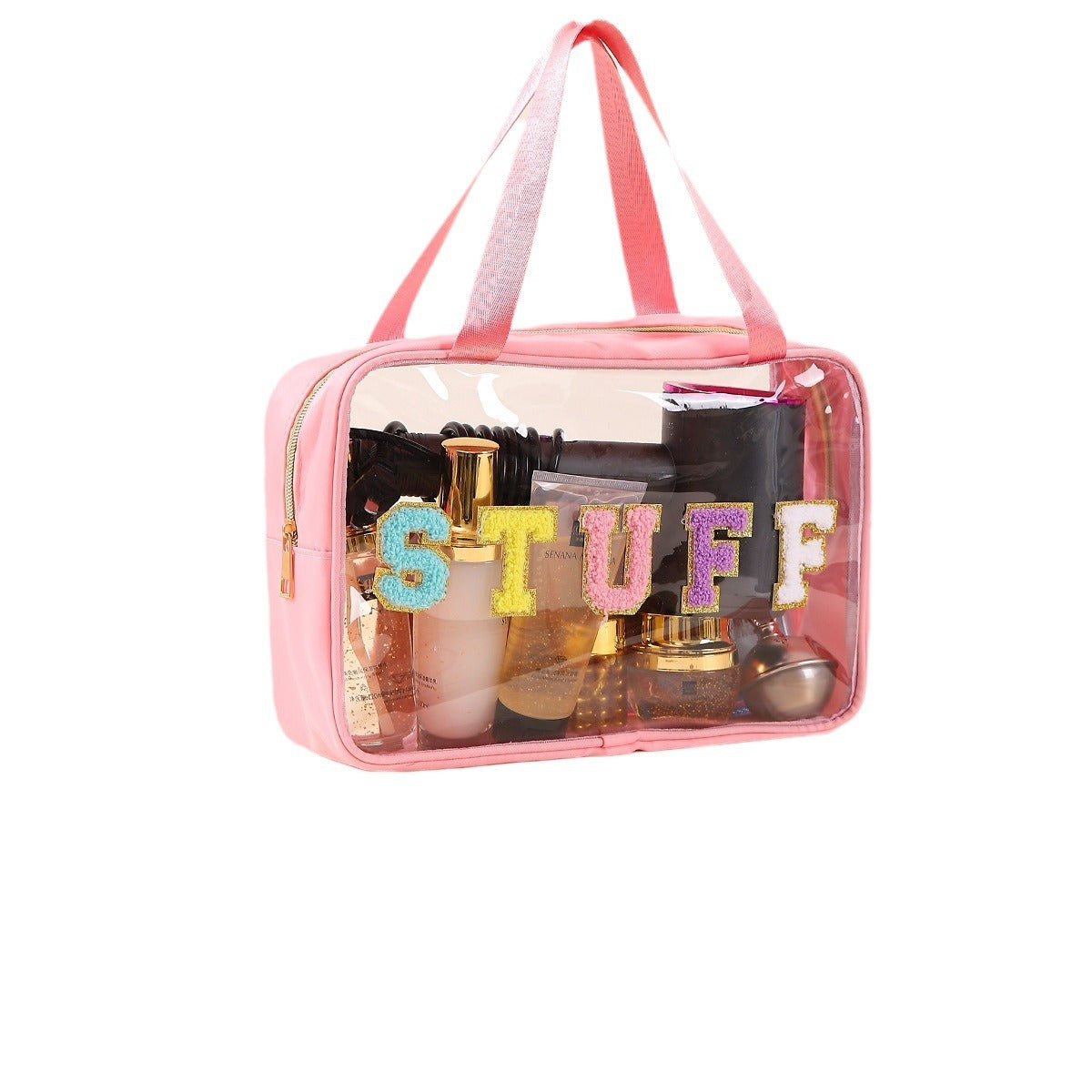 Clear pink travel cosmetic bag with handles and decorative STUFF lettering