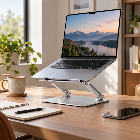 Adjustable silver aluminum laptop stand supporting a laptop on a home office desk