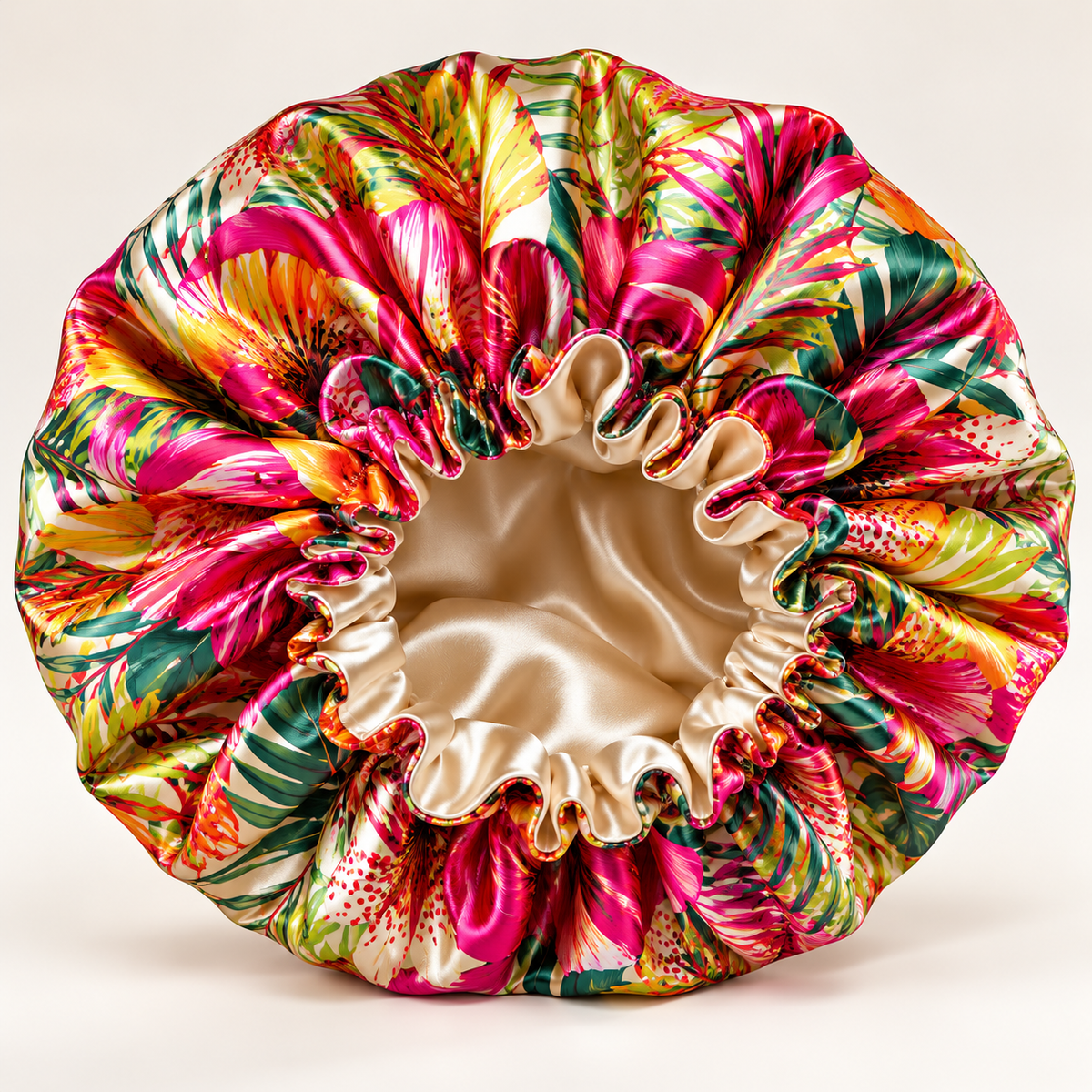 AI-generated illustration of a tropical-print sleep bonnet; not an exact supplier print