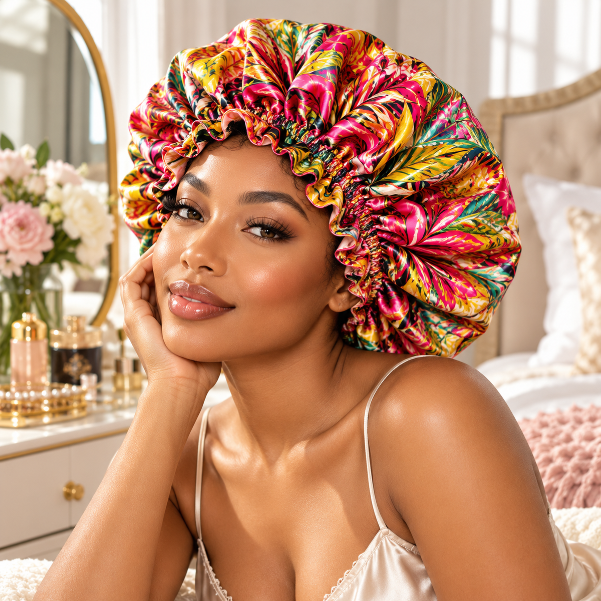 AI-generated lifestyle concept image of a model wearing a bonnet; fabric print not verified