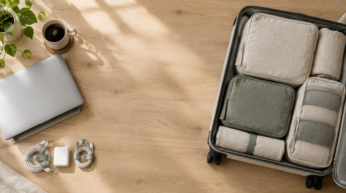 Neatly packed suitcase with packing cubes, laptop and cables on a light wood table