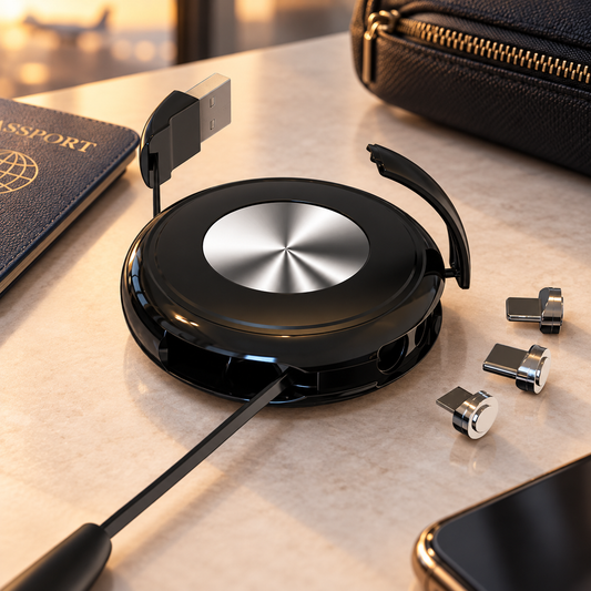 Retractable magnetic charging cable with original black circular body, brushed silver centre, USB-A cable and three separate magnetic tips in premium travel setting