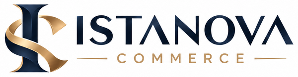 ISTANOVA COMMERCE navy and gold wordmark and IS monogram, closely cropped
