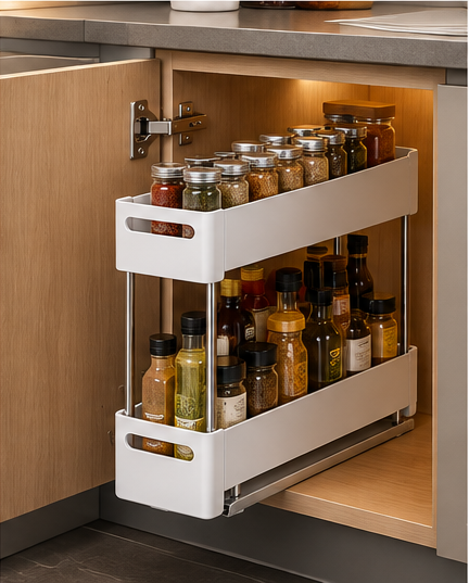 Double-layer pull-out rotating cabinet spice rack installed in a kitchen cabinet