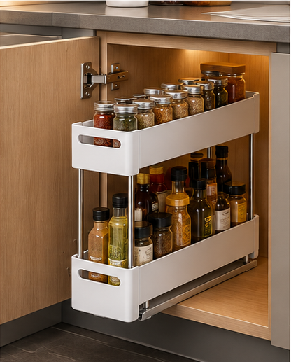 Double-layer pull-out rotating cabinet spice rack installed in a kitchen cabinet
