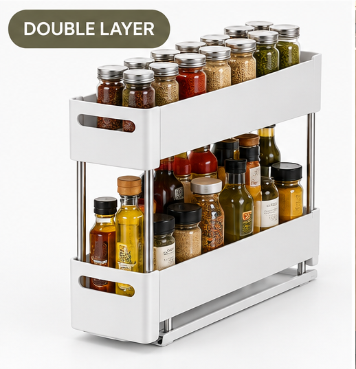 Double-layer pull-out rotating cabinet spice rack on white background