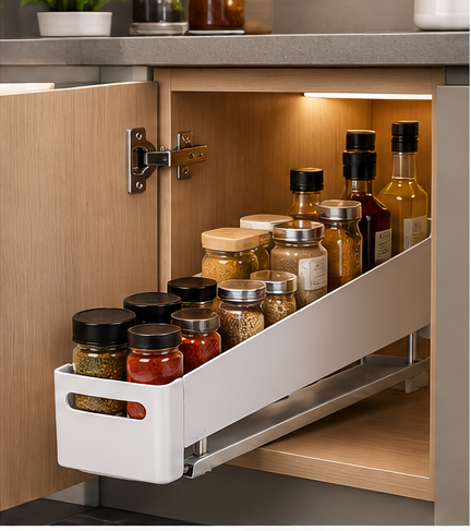 Single-layer pull-out rotating cabinet spice rack installed in a kitchen cabinet