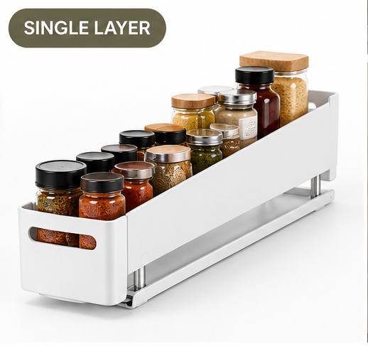 Single-layer pull-out rotating cabinet spice rack on white background